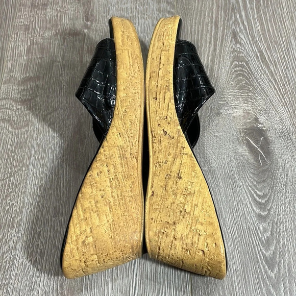Marzia Vellutini Italian Wedge Slip On Sandals Black Patent Croc Faux Cork 6.5 - Picture 13 of 16